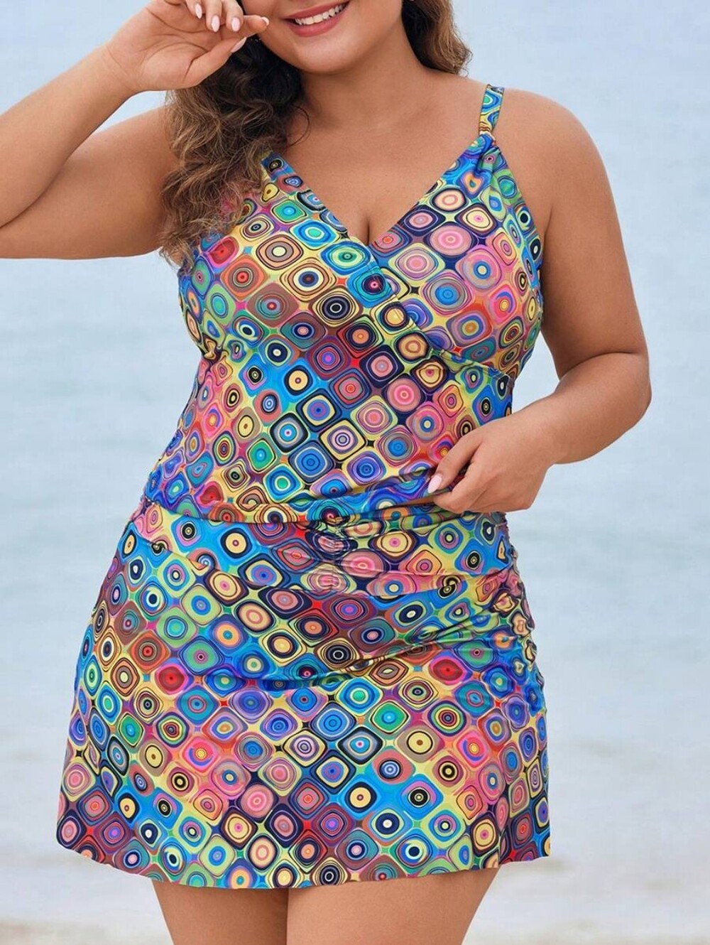 Shein Retro Geometric Tankini Swim Dress Modest Plus Size 2XL Colourful Skirt